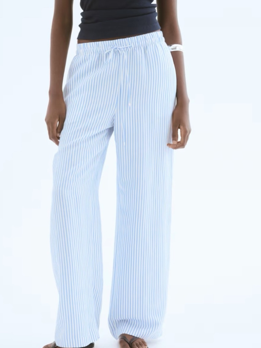 H&M Striped Linen Blend Wide Leg Drawstring Pants Blue White Small